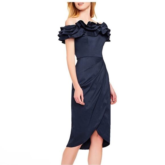 Aidan Mattox Navy Blue Off the Shoulder Ruffled Midi Dress Size 8 - Picture 1 of 6